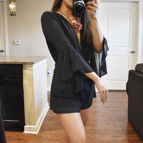 Silk - Bell Sleeve Romper with Front Tie - Picture 2 of 5